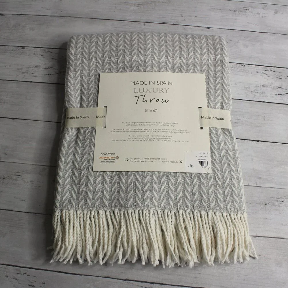 Made in Spain Throw Blanket Gray Off White Herringbone with Fringe Cotton Blend